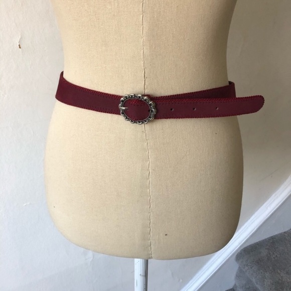 Vintage Faux Suede Wine Red Metal Embellished Adjustable Buckle Waist Belt O/S main image 7